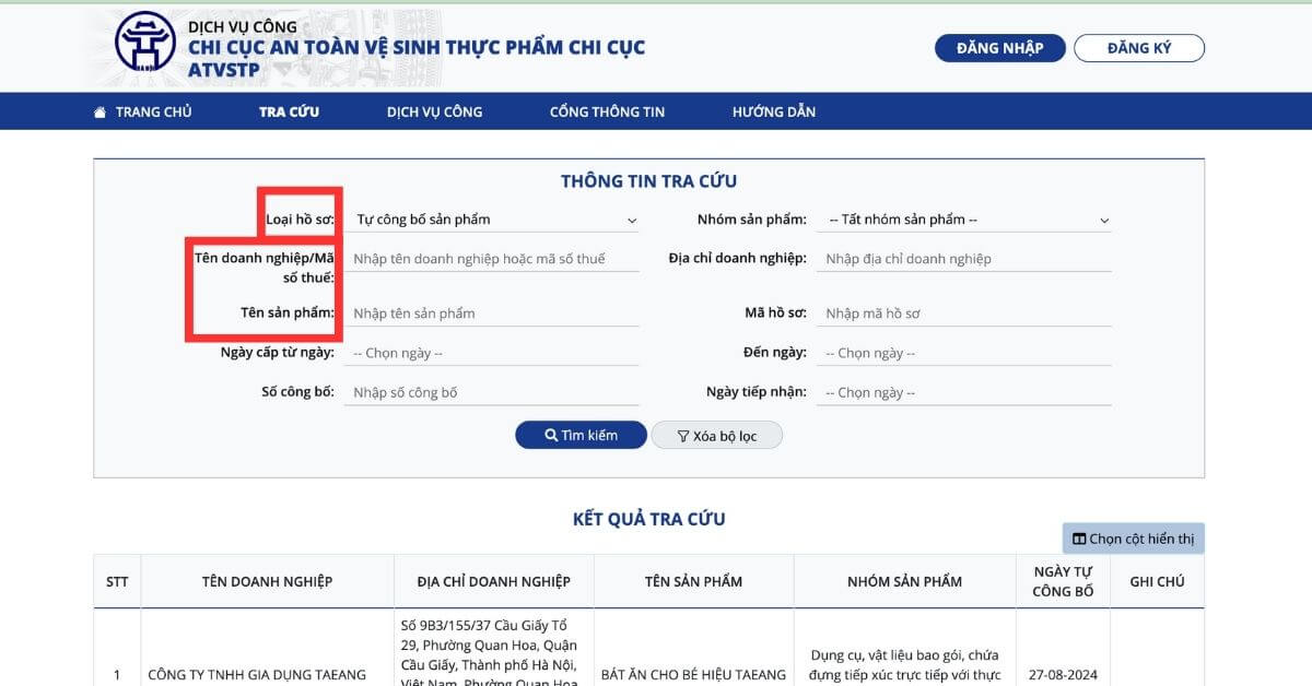 Điền thông tin về doanh nghiệp và sản phẩm rồi nhấn tìm kiếm 