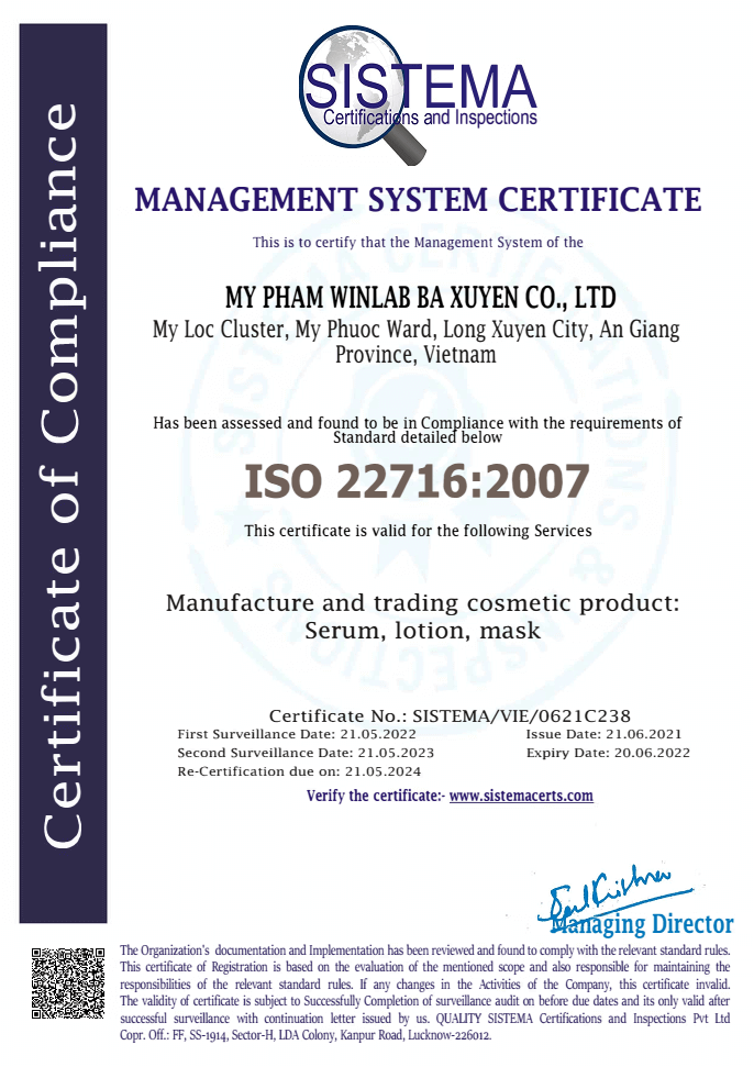 Mẫu giấy chứng nhận ISO 22716