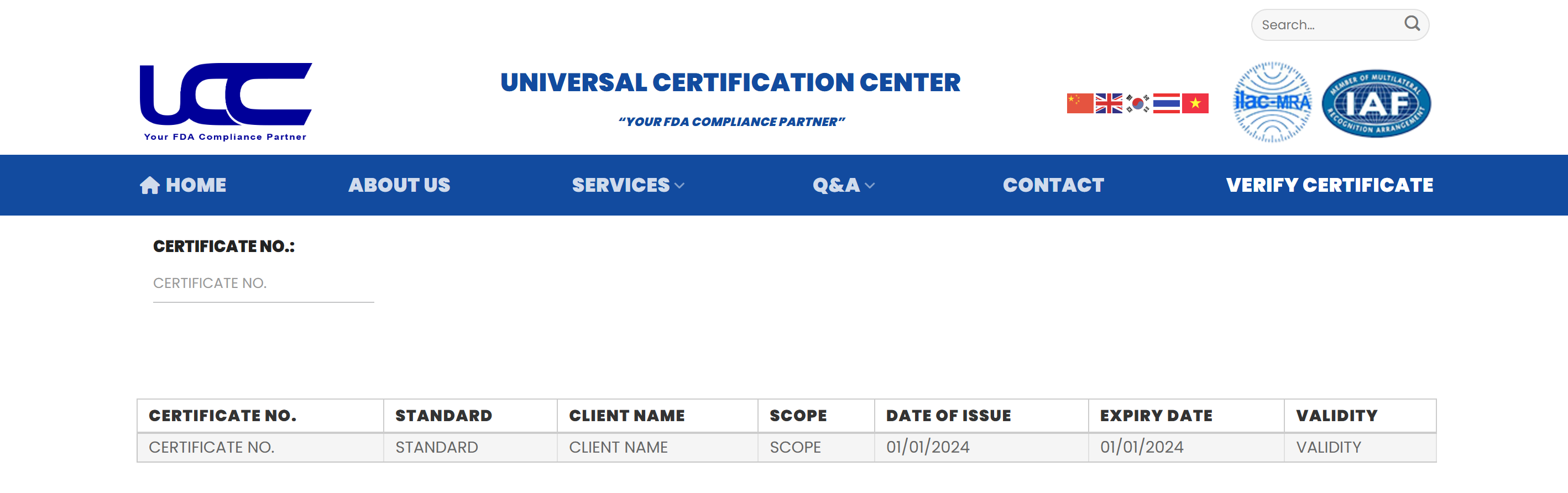 Giao diện trang tra cứu chứng nhận tại UCC Việt Nam