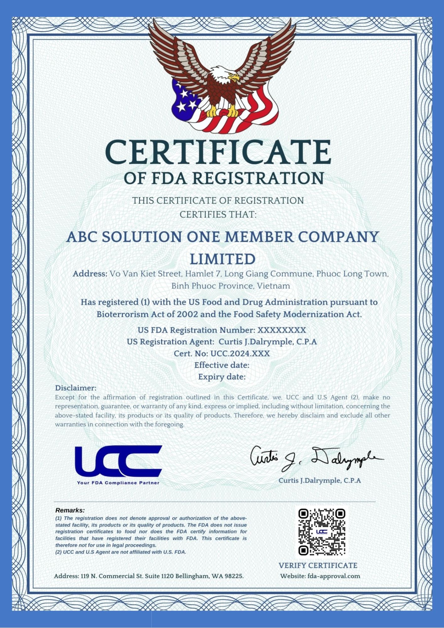 Mẫu giấy chứng nhận FDA
