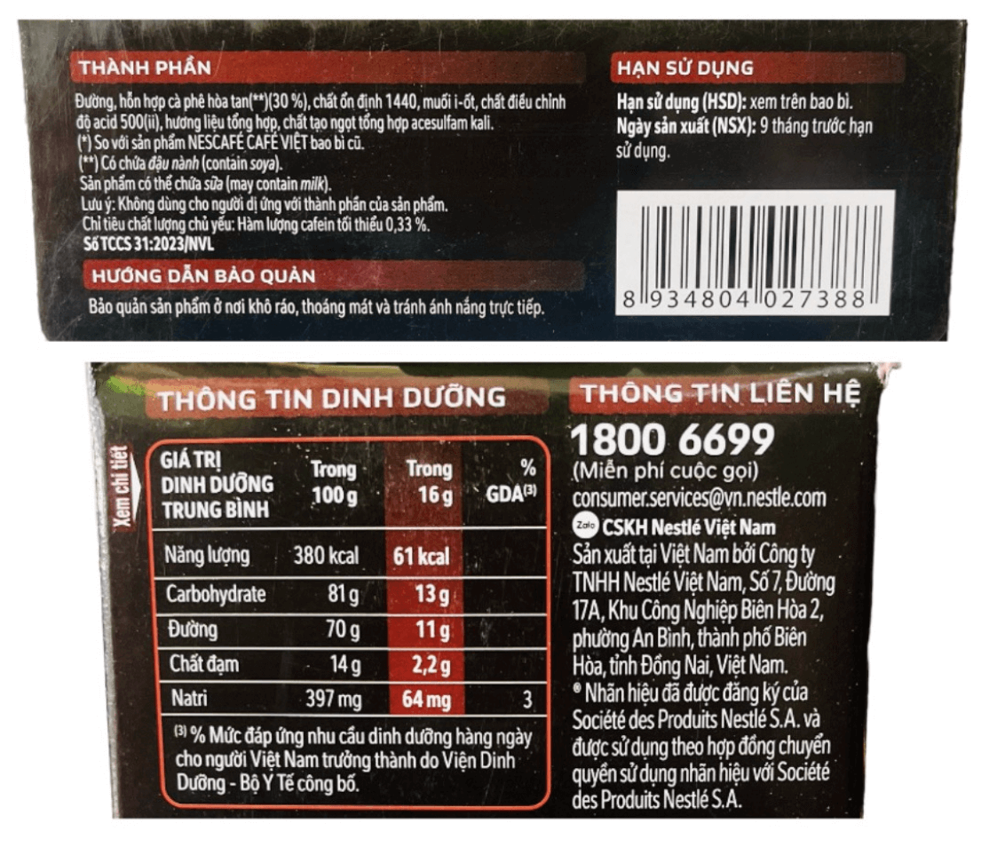 Bảng Nutrition Facts cà phê đen