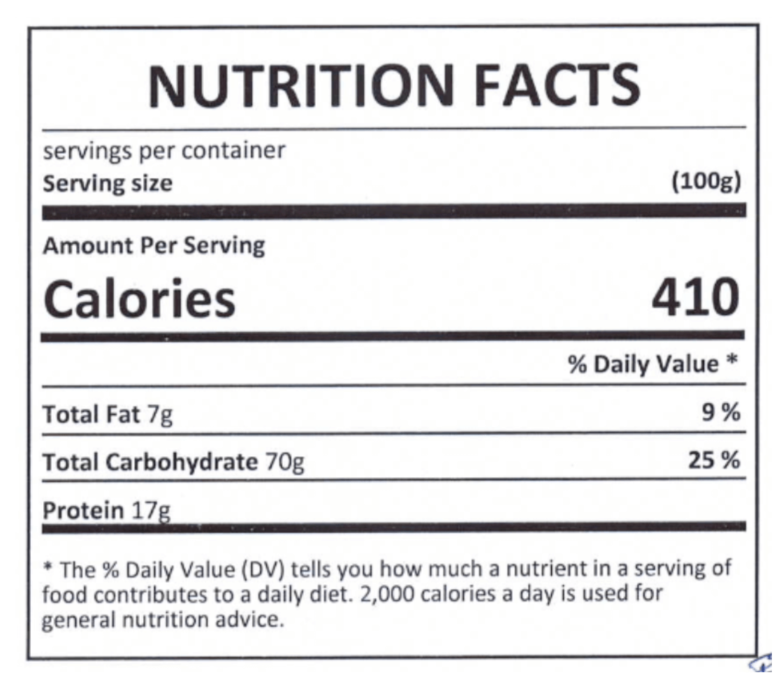 Bảng Nutrition Facts cà phê nguyên chất