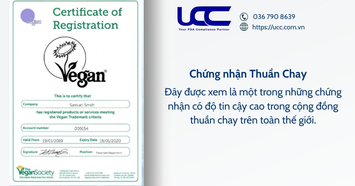 Chứng nhận Vegan xác nhận rằng sản phẩm hoàn toàn không chứa bất kỳ thành phần có nguồn gốc động vật