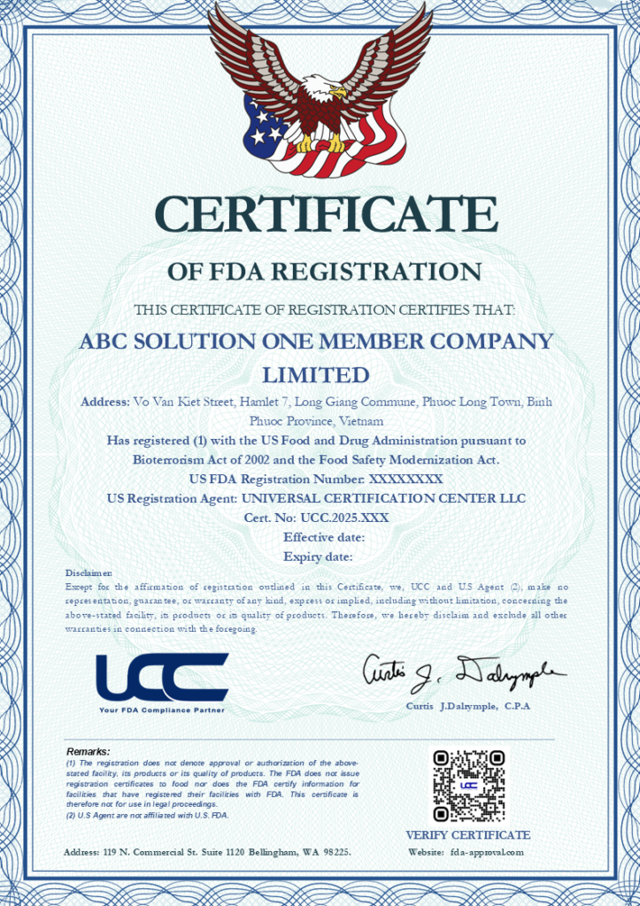 Chứng nhận FDA thực phẩm của UCC Việt Nam